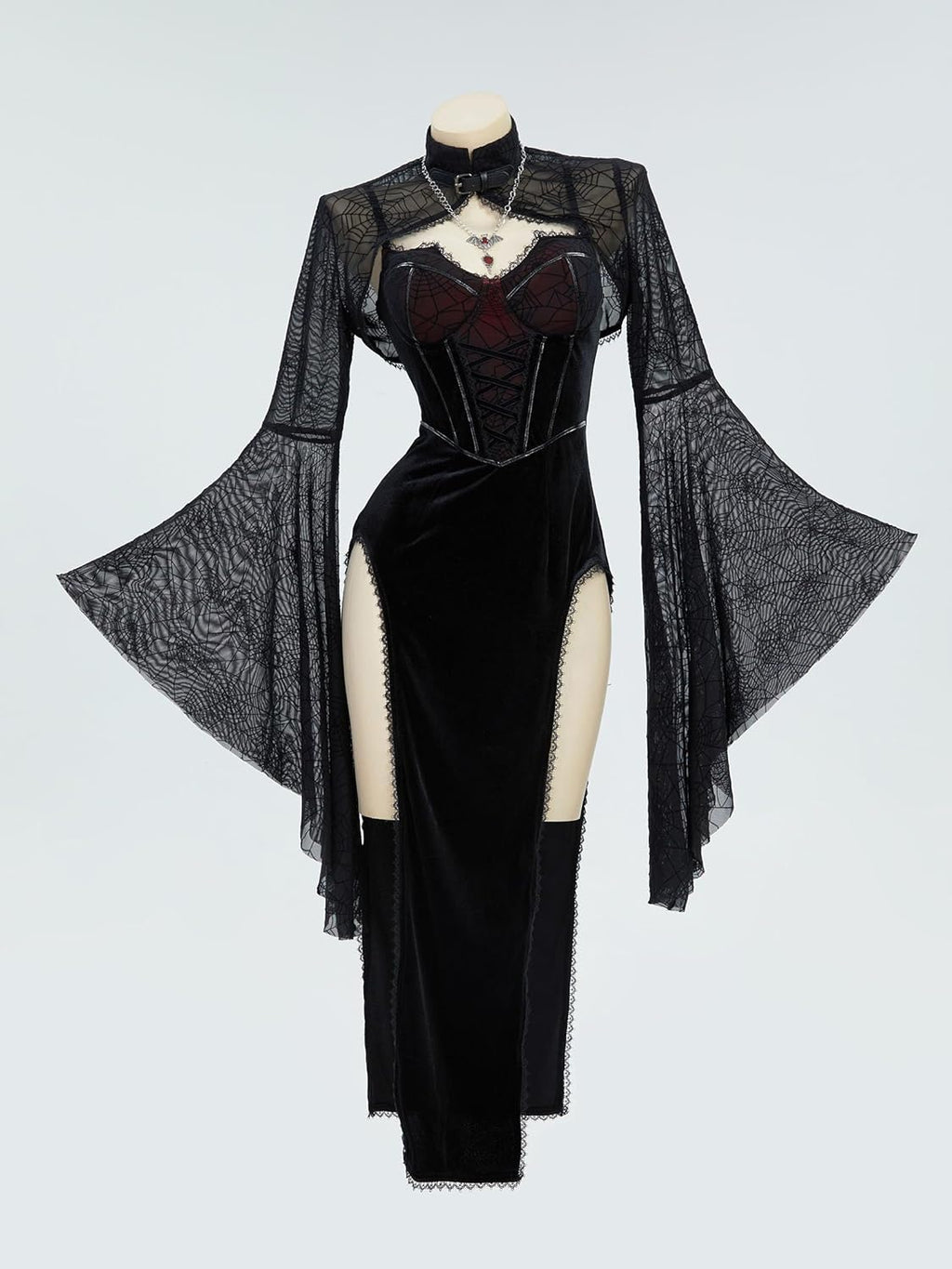 Gothic Vampire Costume – Velvet Bodycon Dress & Spiderweb Cloak Set