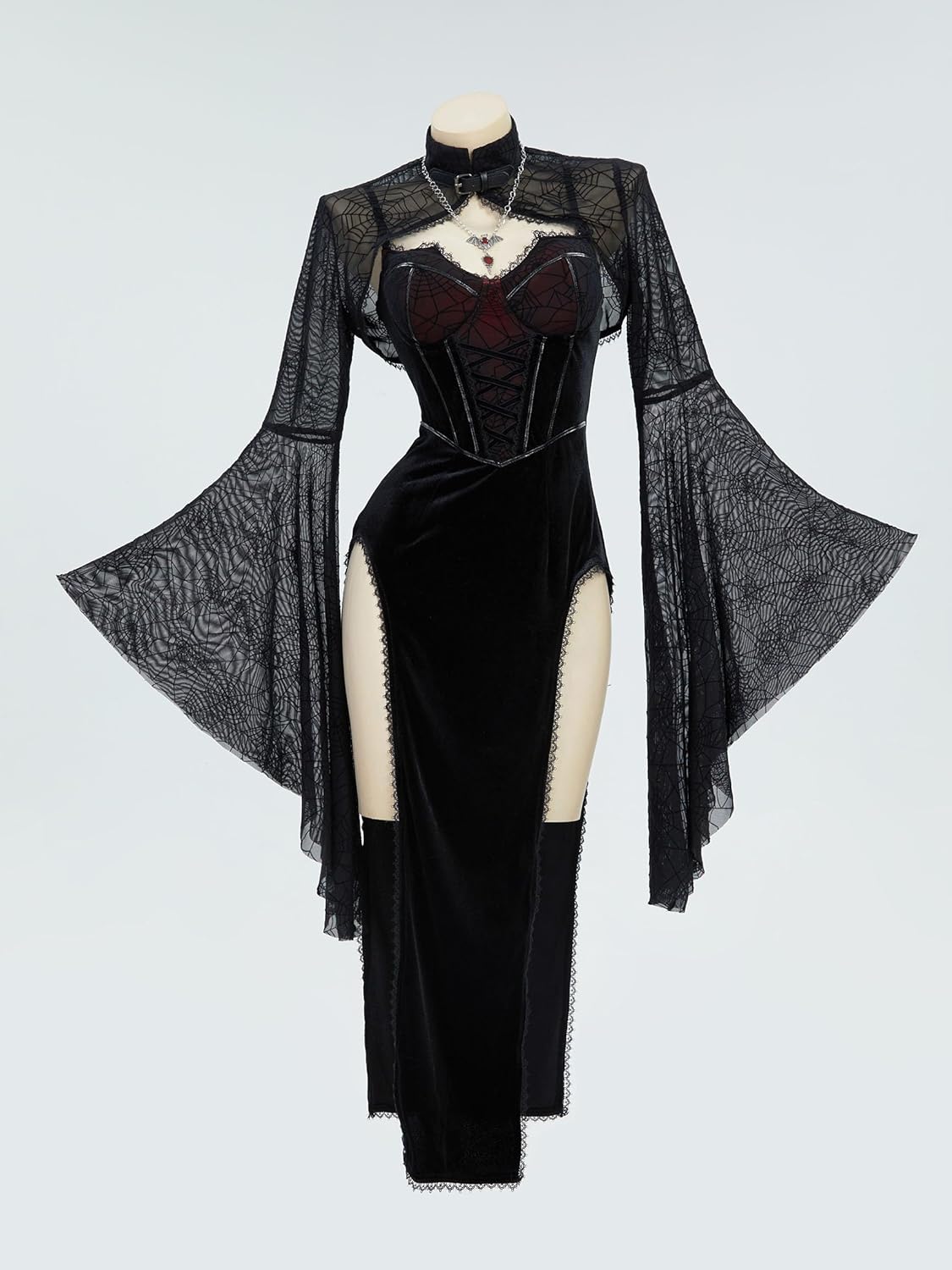 Gothic Vampire Costume – Velvet Bodycon Dress & Spiderweb Cloak Set