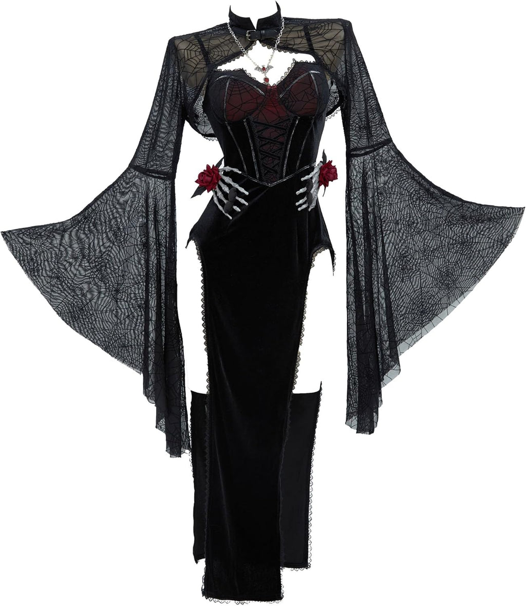 Gothic Vampire Costume – Velvet Bodycon Dress & Spiderweb Cloak Set