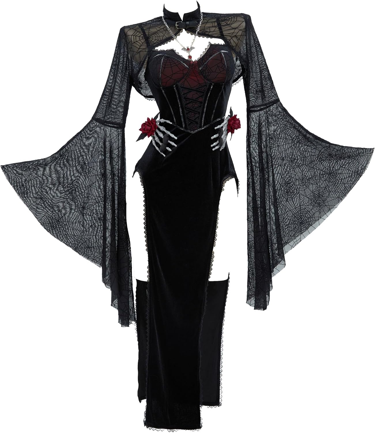Gothic Vampire Costume – Velvet Bodycon Dress & Spiderweb Cloak Set