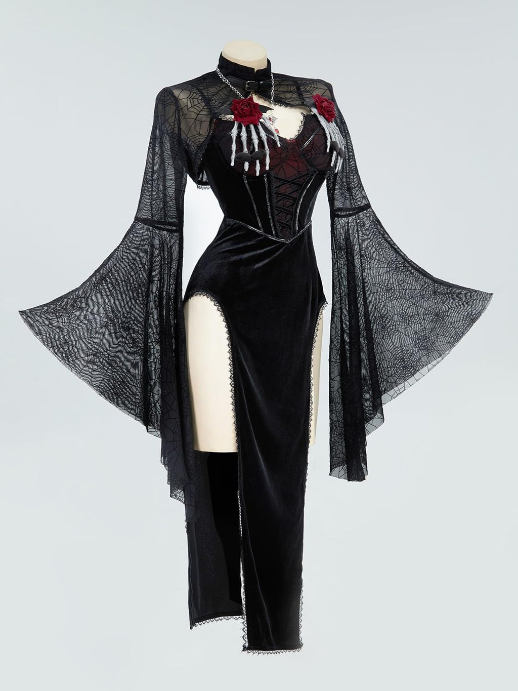 Gothic Vampire Costume – Velvet Bodycon Dress & Spiderweb Cloak Set