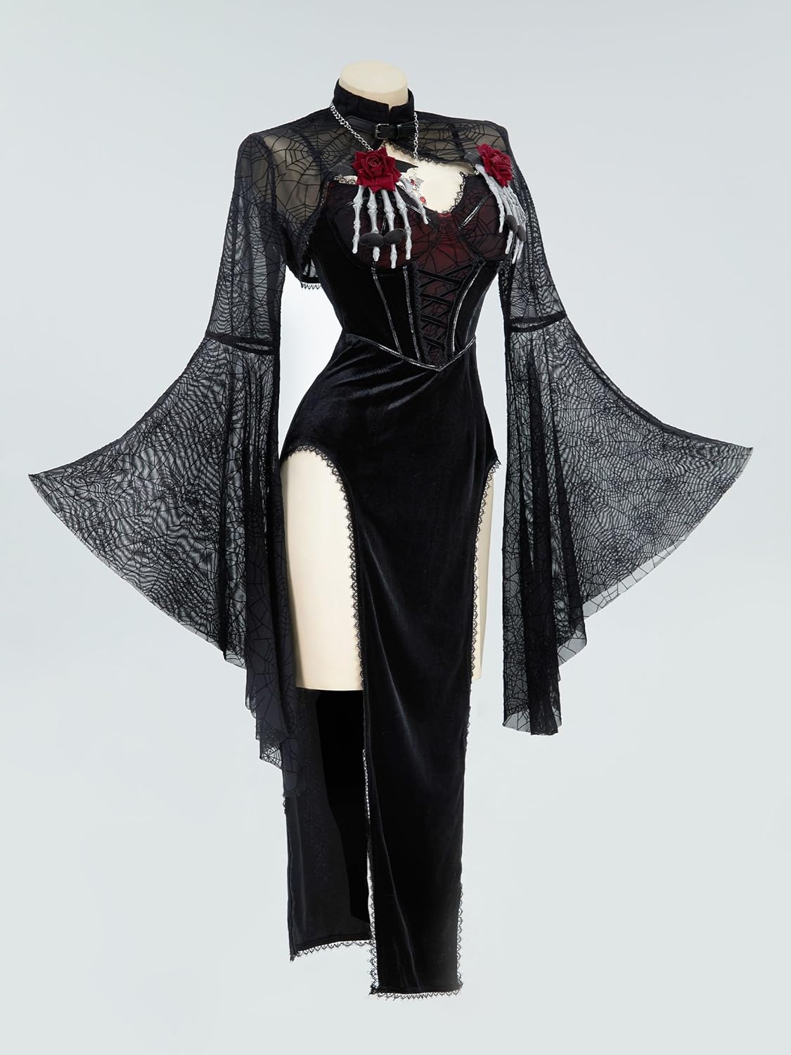 Gothic Vampire Costume – Velvet Bodycon Dress & Spiderweb Cloak Set
