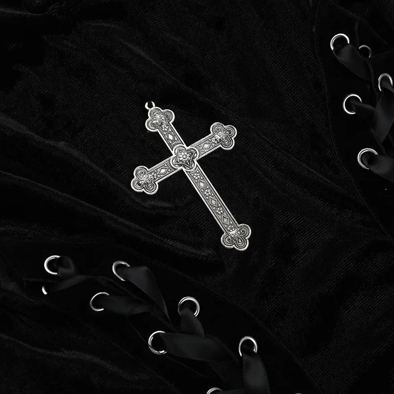 Velvet High Split Cross Dress – Gothic Spaghetti Strap Gown