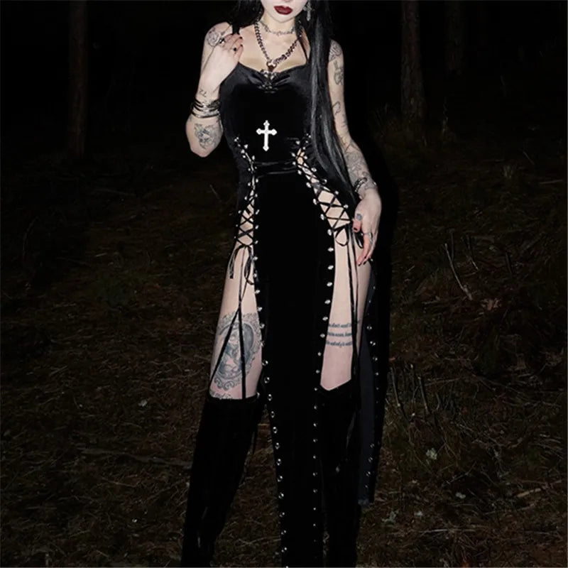 Velvet High Split Cross Dress – Gothic Spaghetti Strap Gown