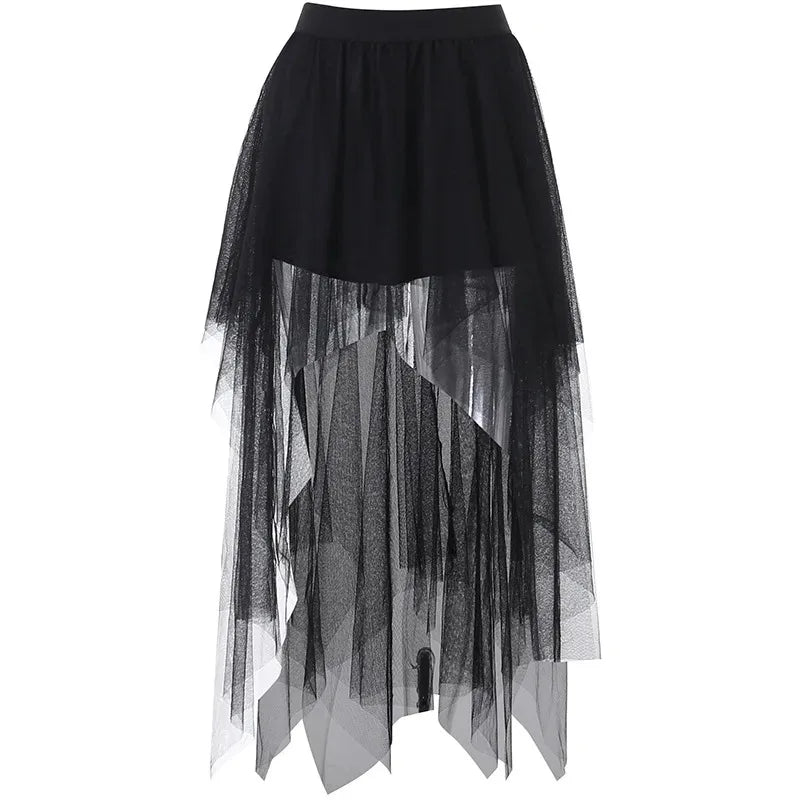 Gothic Mesh High-Waisted Asymmetric Skirt – Dark Vintage Midi