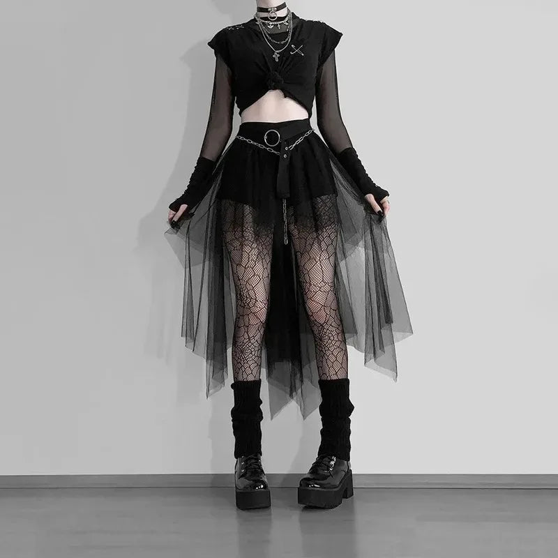 Gothic Mesh High-Waisted Asymmetric Skirt – Dark Vintage Midi