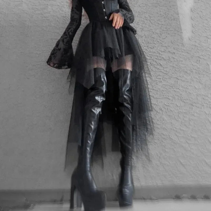 Gothic Mesh High-Waisted Asymmetric Skirt – Dark Vintage Midi