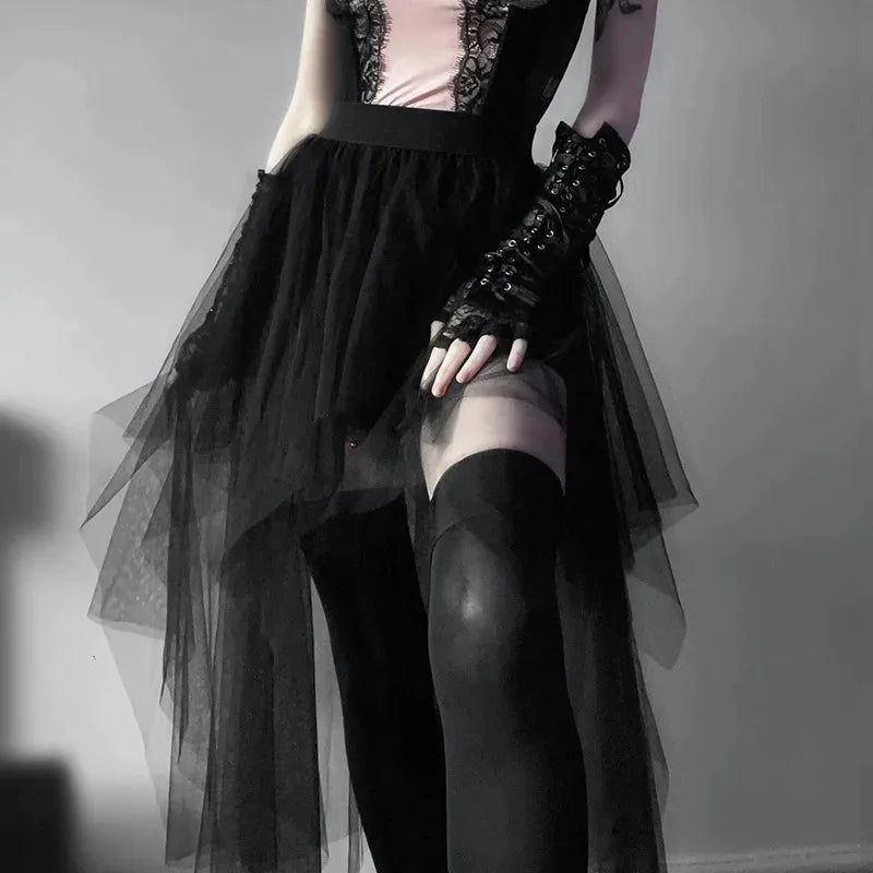 Gothic Mesh High-Waisted Asymmetric Skirt – Dark Vintage Midi
