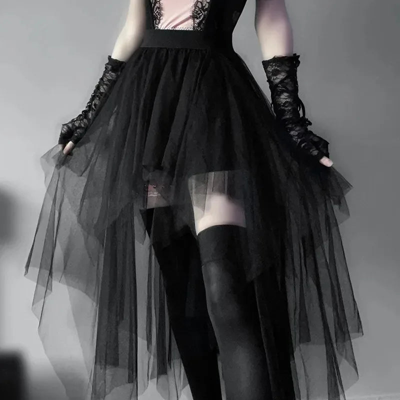 Gothic Mesh High-Waisted Asymmetric Skirt – Dark Vintage Midi