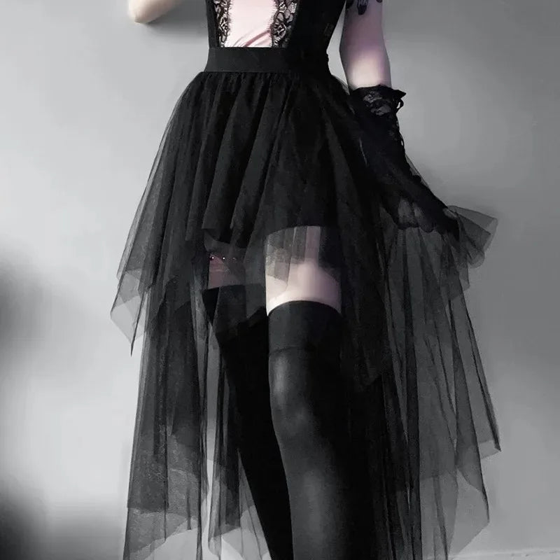 Gothic Mesh High-Waisted Asymmetric Skirt – Dark Vintage Midi