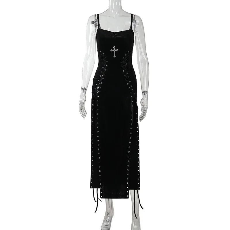 Velvet High Split Cross Dress – Gothic Spaghetti Strap Gown