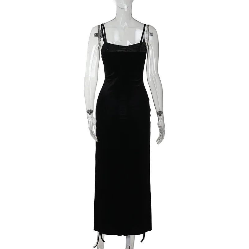 Velvet High Split Cross Dress – Gothic Spaghetti Strap Gown