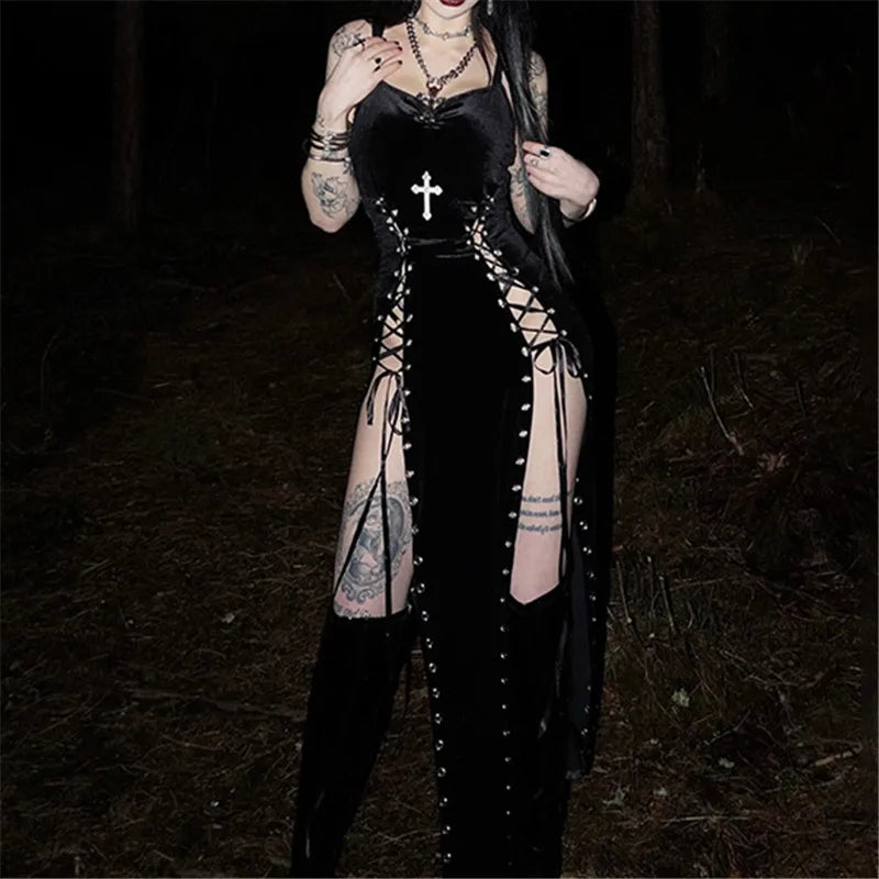 Velvet High Split Cross Dress – Gothic Spaghetti Strap Gown