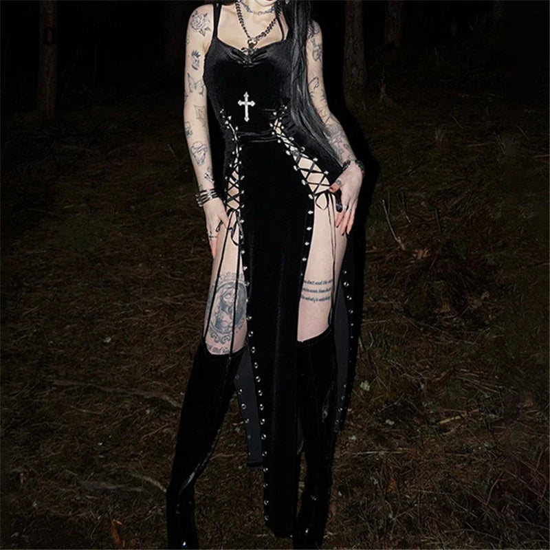 Velvet High Split Cross Dress – Gothic Spaghetti Strap Gown