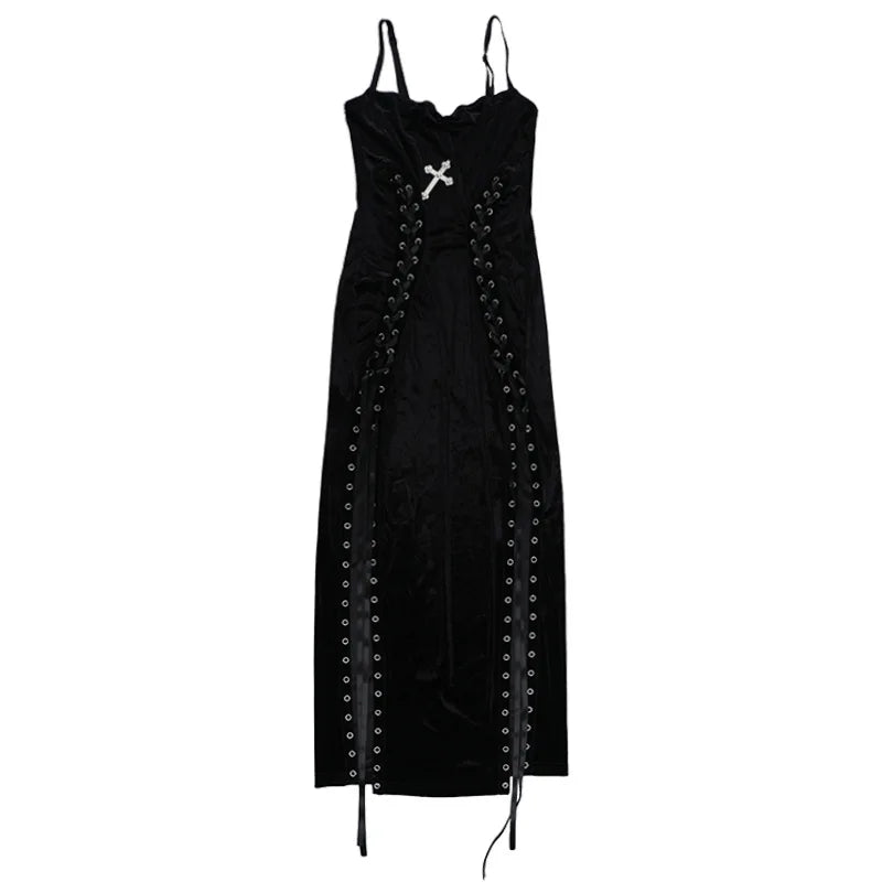 Velvet High Split Cross Dress – Gothic Spaghetti Strap Gown