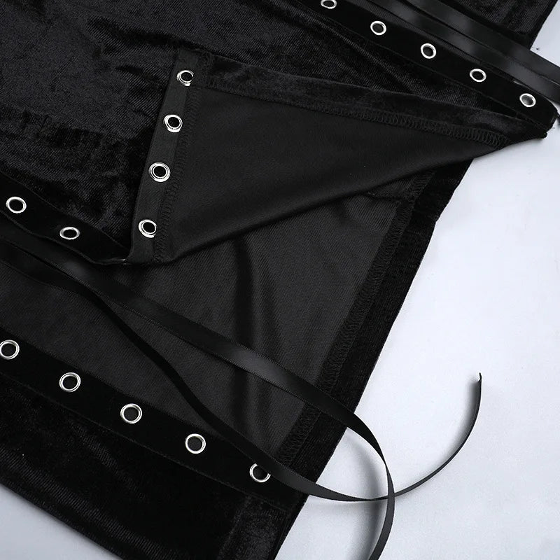 Velvet High Split Cross Dress – Gothic Spaghetti Strap Gown