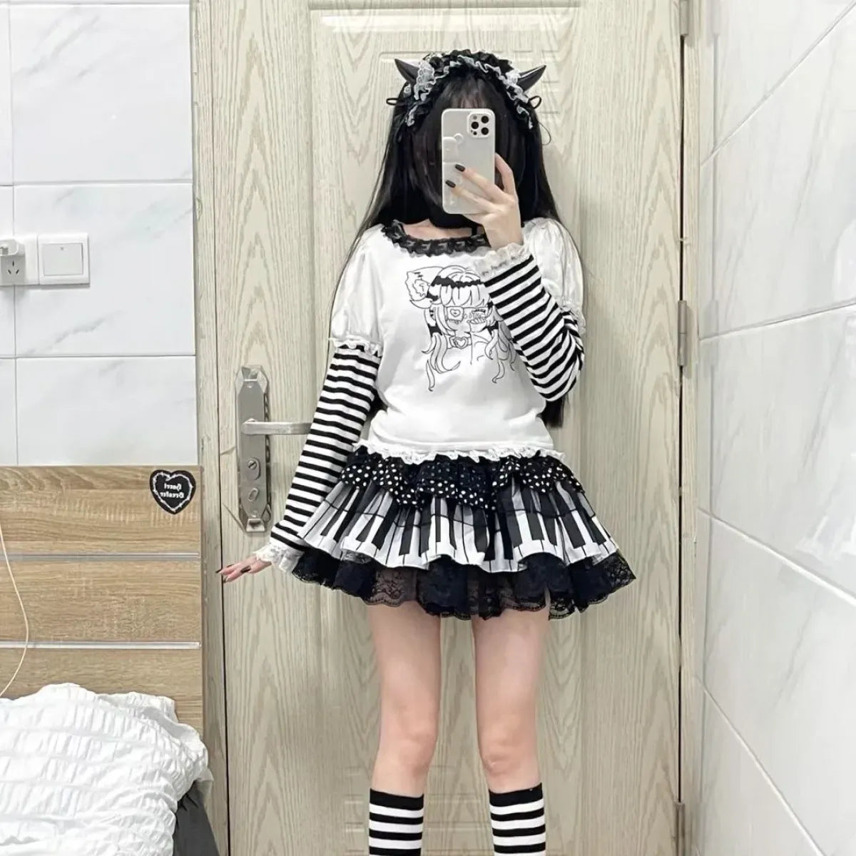 Gothic Lolita Piano Skirt – Polka Dot Lace Mini