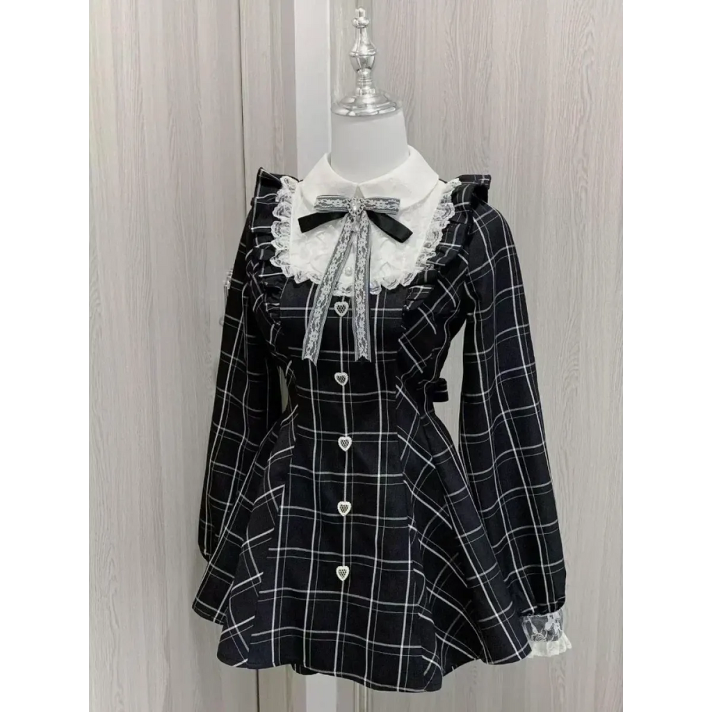 Lolita Plaid Lace Trim Dress – Heart Button Gothic Schoolgirl