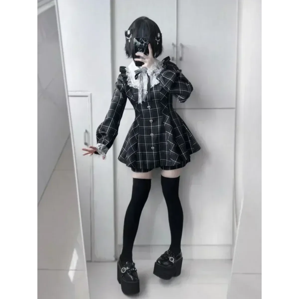 Lolita Plaid Lace Trim Dress – Heart Button Gothic Schoolgirl