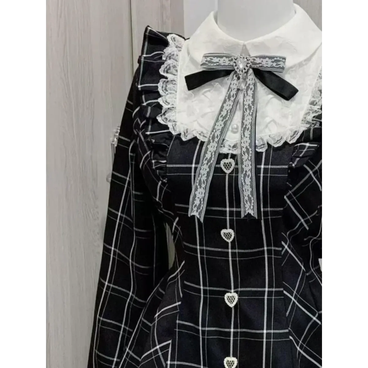 Lolita Plaid Lace Trim Dress – Heart Button Gothic Schoolgirl