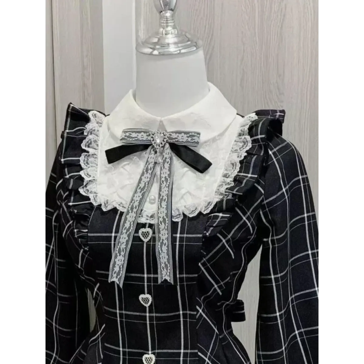 Lolita Plaid Lace Trim Dress – Heart Button Gothic Schoolgirl