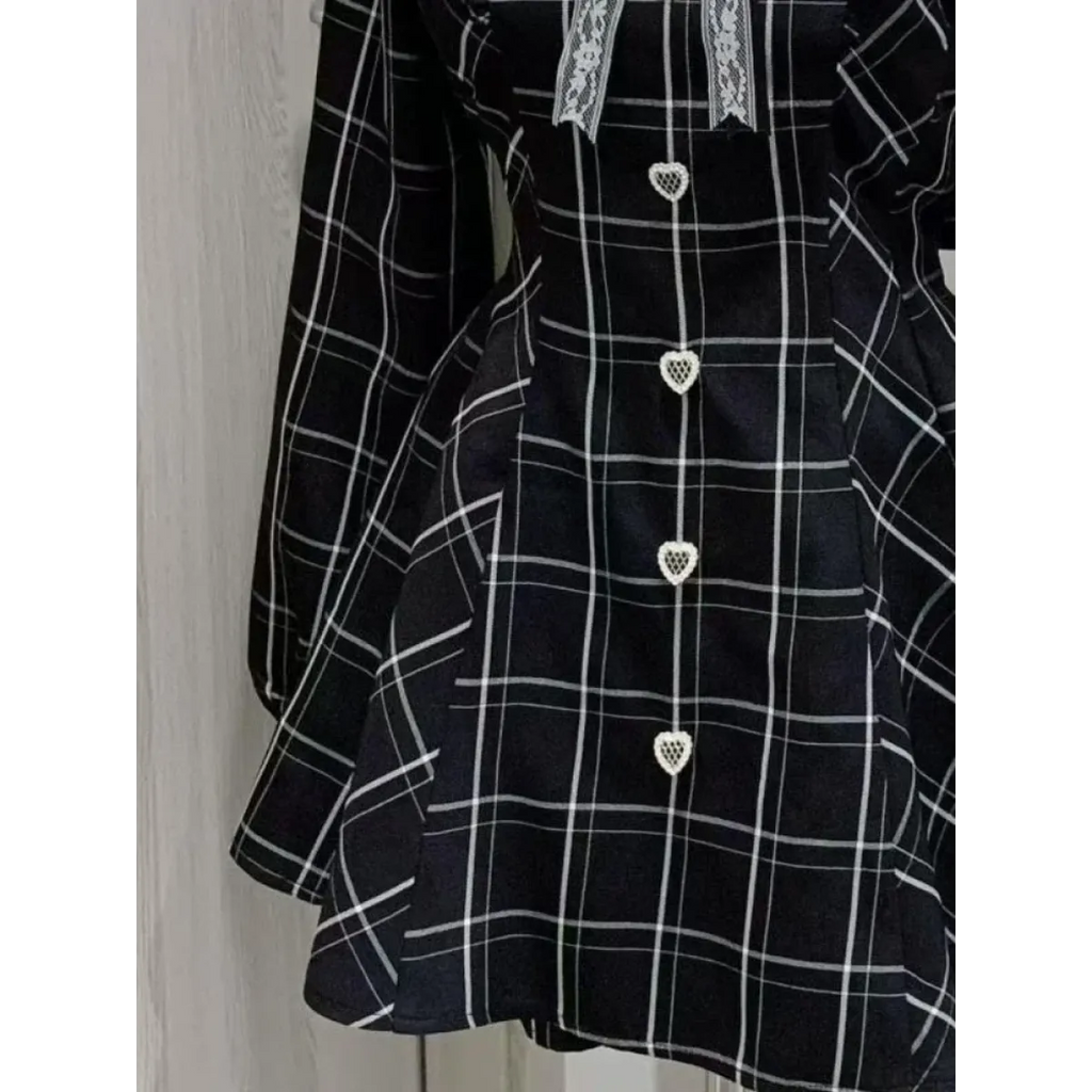 Lolita Plaid Lace Trim Dress – Heart Button Gothic Schoolgirl