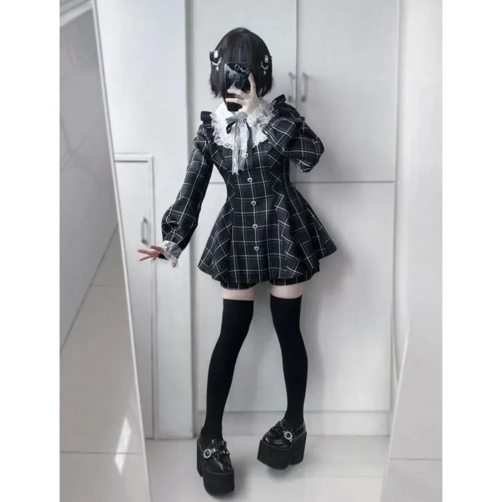Lolita Plaid Lace Trim Dress – Heart Button Gothic Schoolgirl