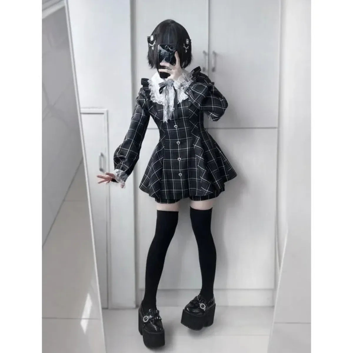 Lolita Plaid Lace Trim Dress – Heart Button Gothic Schoolgirl
