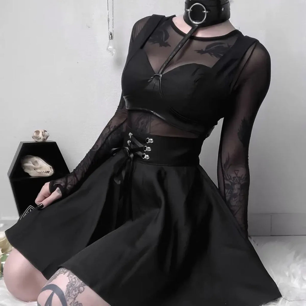 Gothic Lace-Up Mini Skirt – Corset Waist Dark Fashion